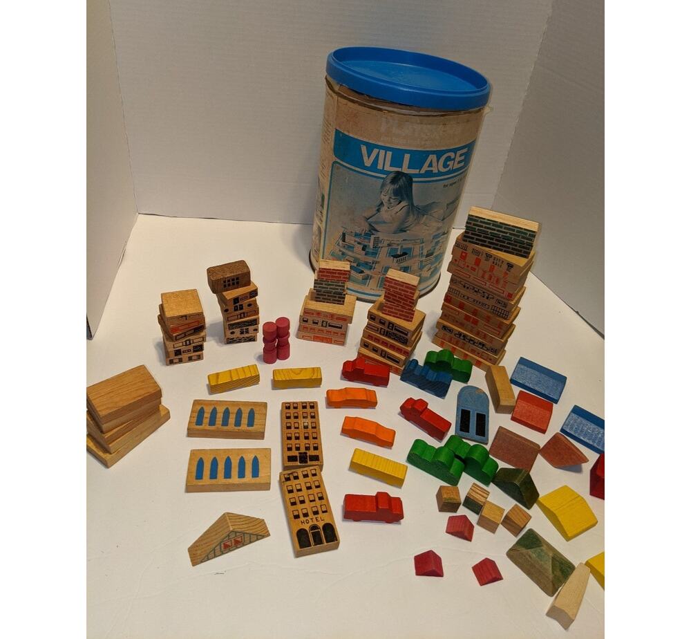 Vintage 1974 Playskool Village Wooden Blocks 87 Pieces No Mat